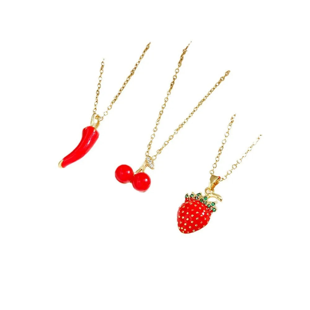Women's titanium steel necklace with indie cherry pendant on O-ring chain