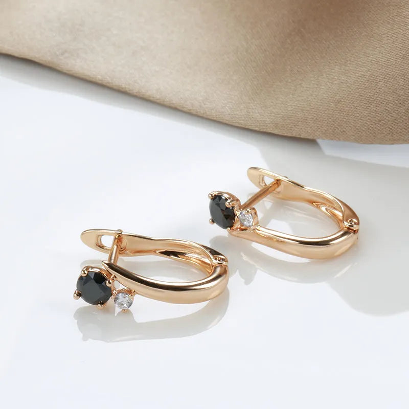 Gold plated black agate drop earrings with geometric retro design for women