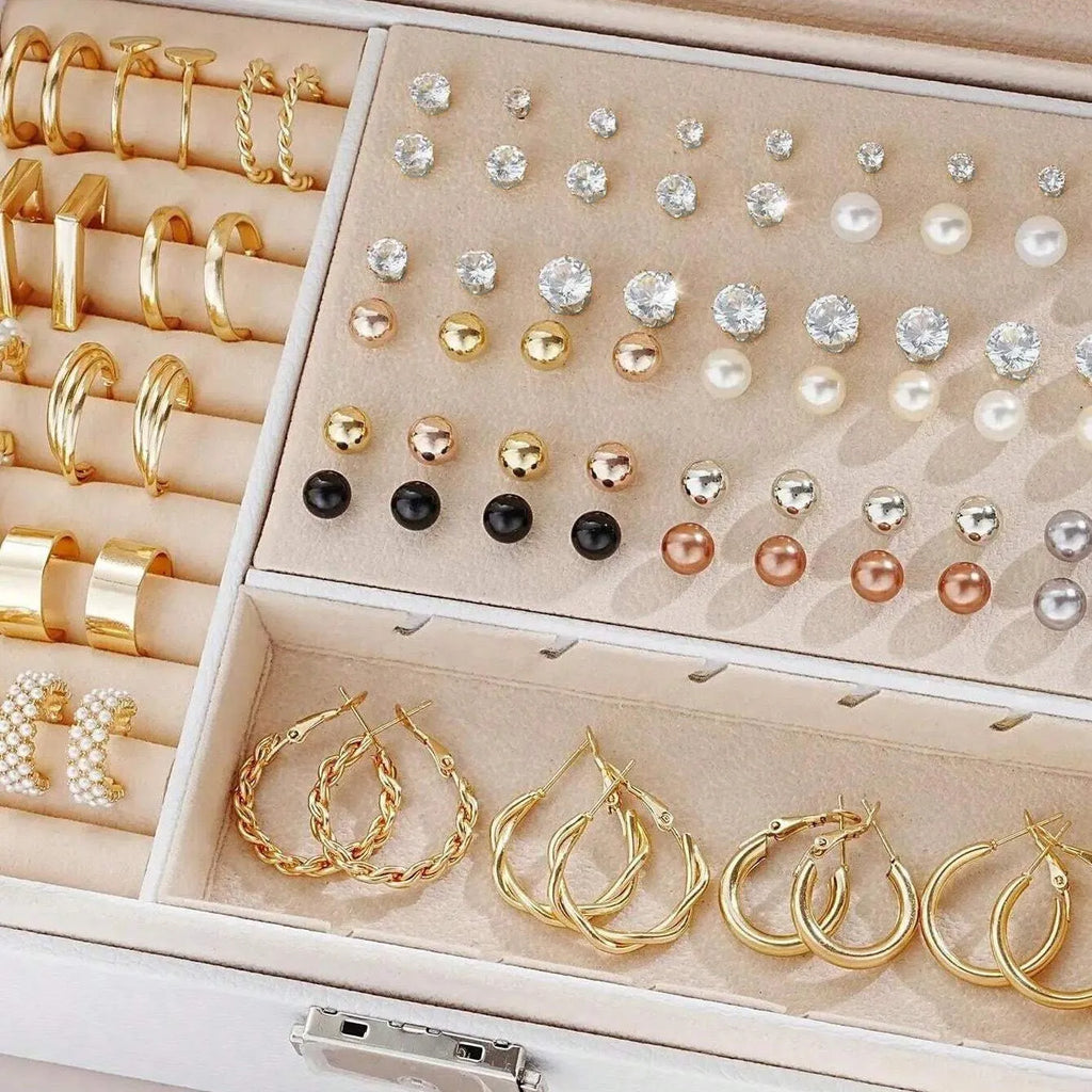 Geometric round pearl earrings in gold and yellow electroplated finishes, 108-piece alloy jewellery set