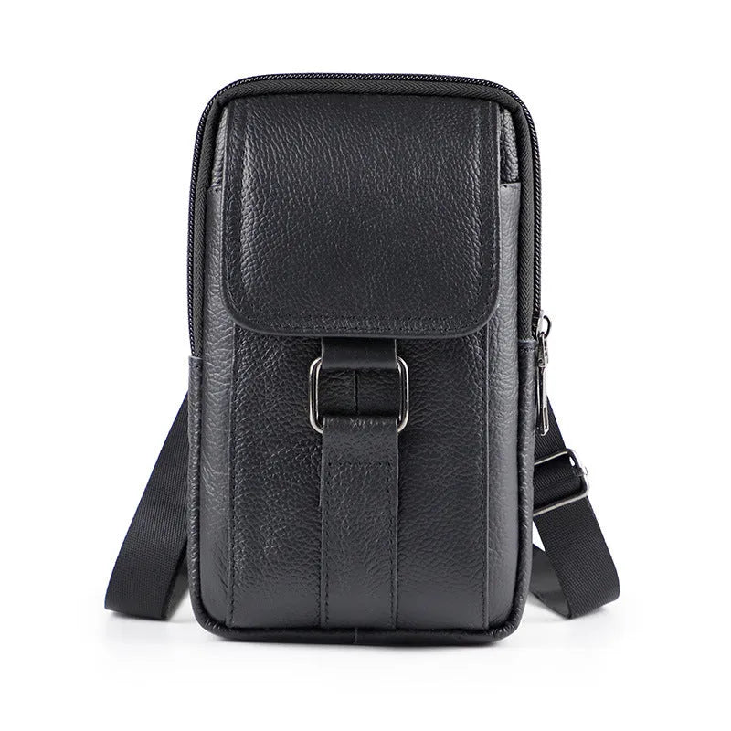 Men's black genuine leather waist bag with lock closure and vertical square design