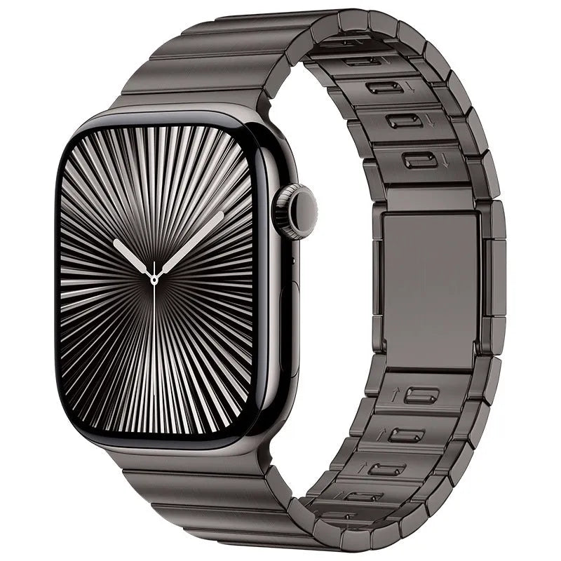 Stainless steel magnetic buckle Apple Watch strap showing silver colour option on wrist