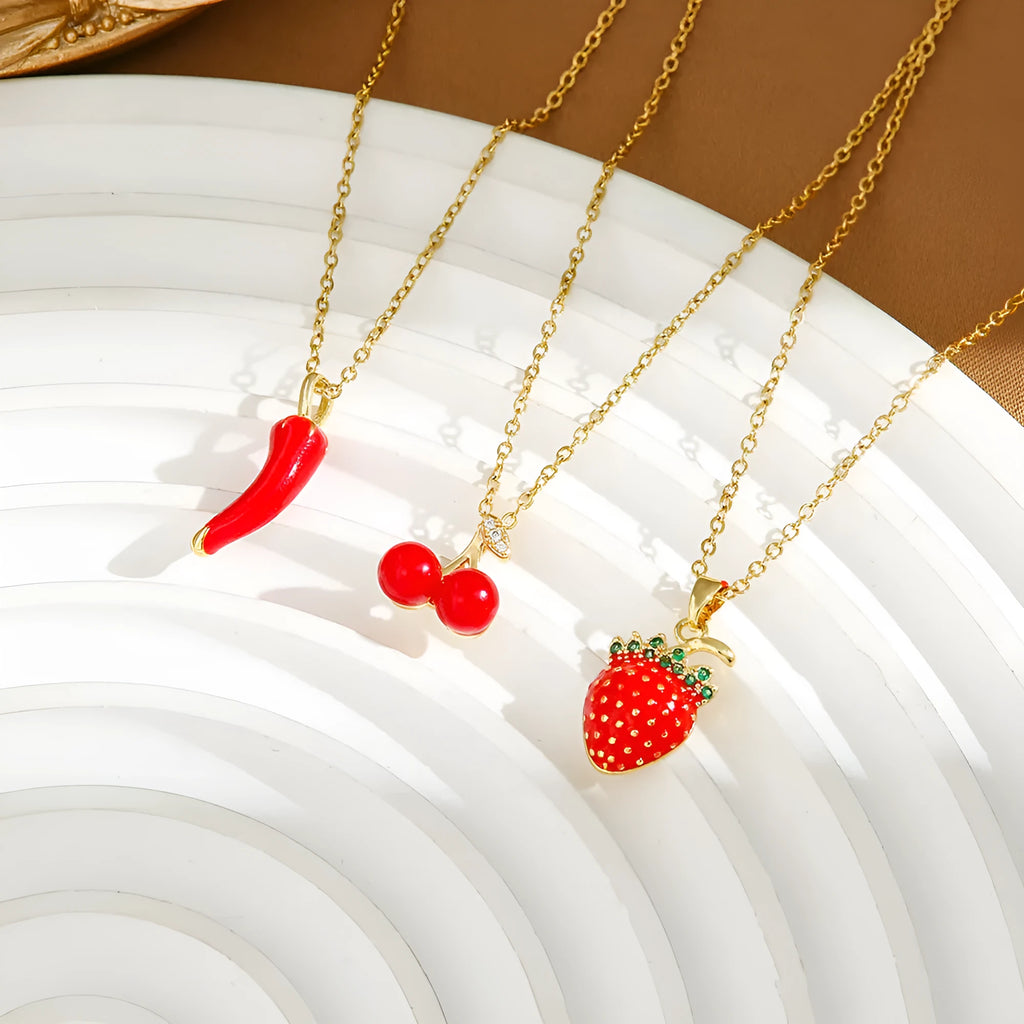 Women's titanium steel necklace with indie cherry pendant on O-ring chain