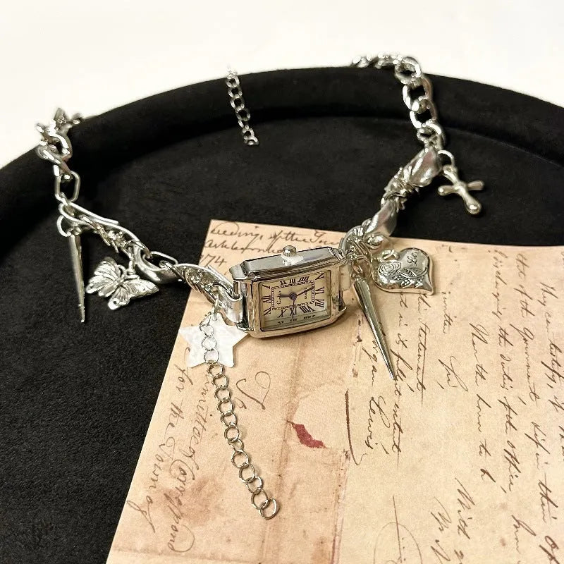 Dark multi-layer cross pendant necklace with a textured hemp flowers chain, adjustable from 41cm to 50cm.