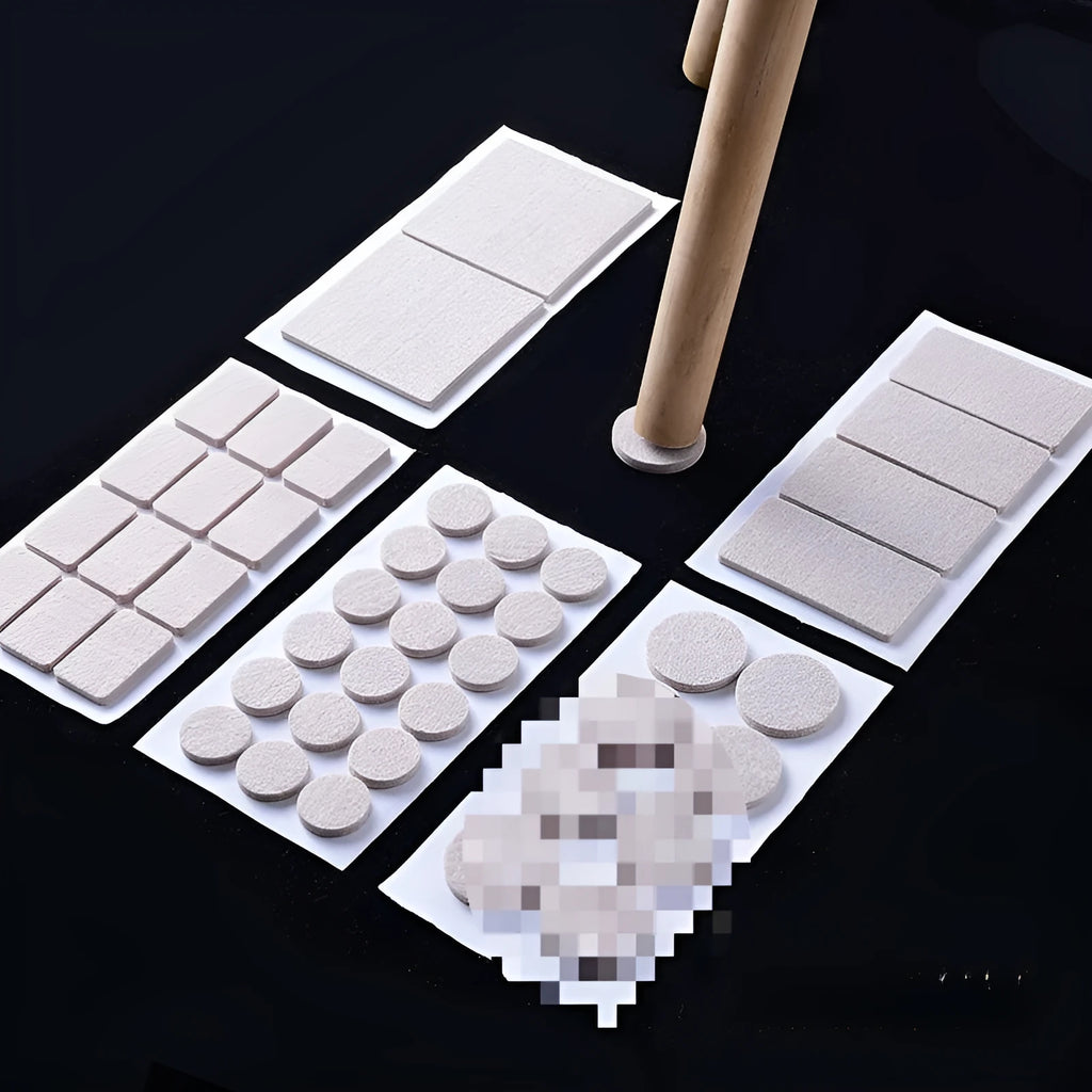 Beige plastic furniture leg protectors showing square and round pads in multiple sizes on a hard floor