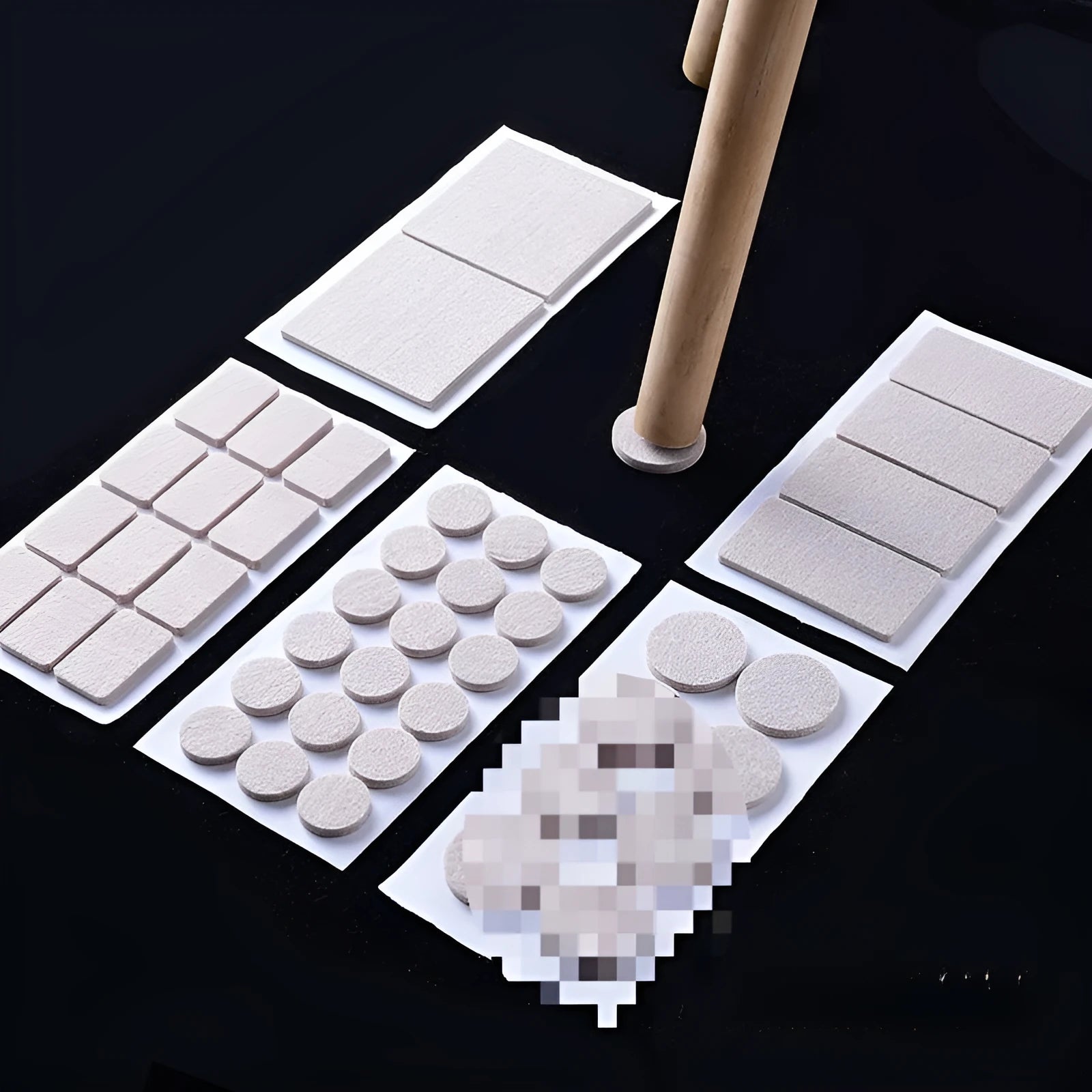 Beige plastic furniture leg protectors showing square and round pads in multiple sizes on a hard floor