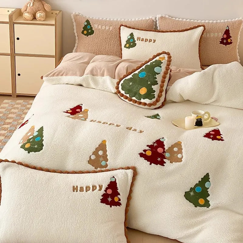 Bright yellow Christmas tree bedding set with embroidery design and fleece lining