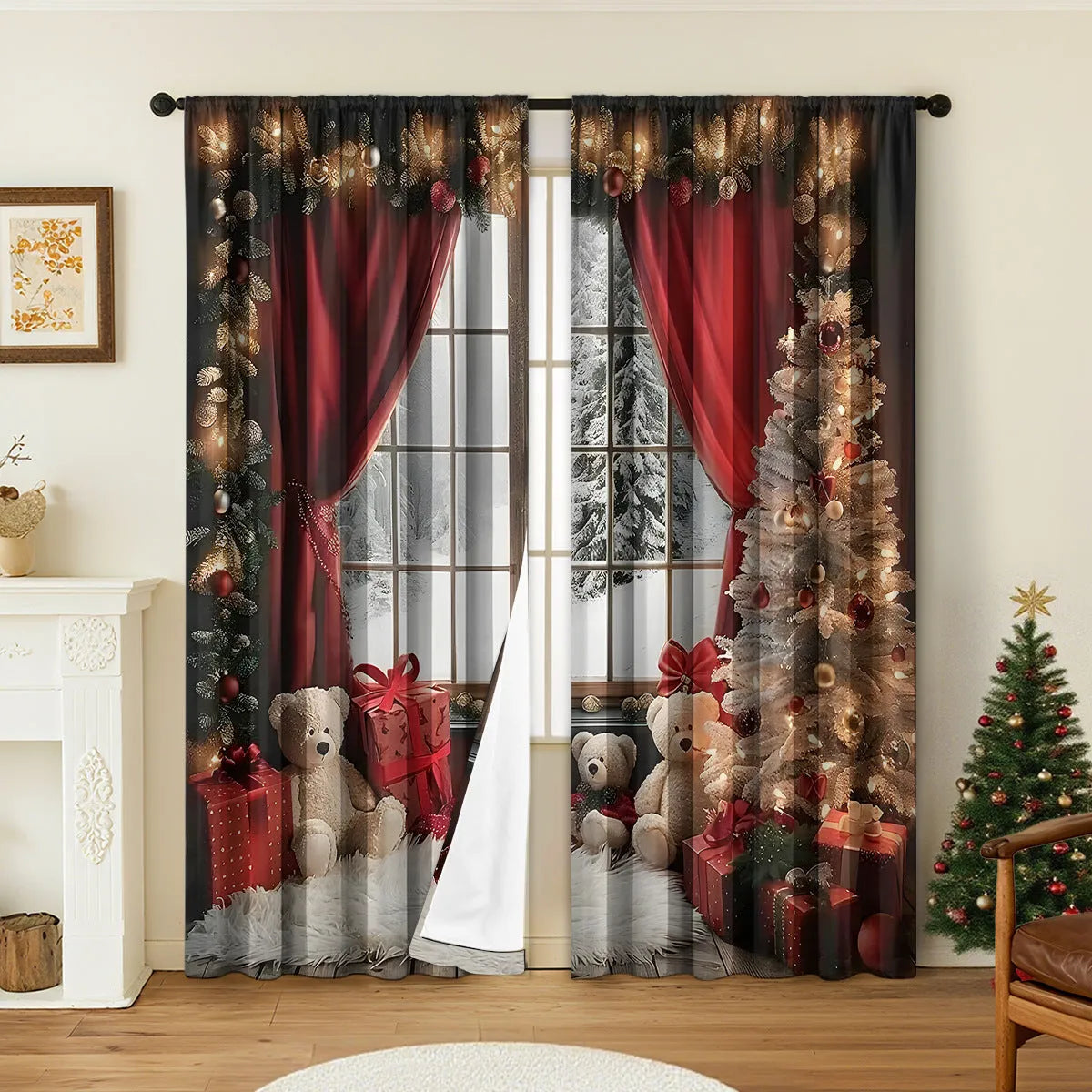 3D printed Christmas curtains with festive designs on polyester fabric, showing European-style patterns