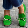 Green suede women's loafers with metal fastener and round toe flat heel design