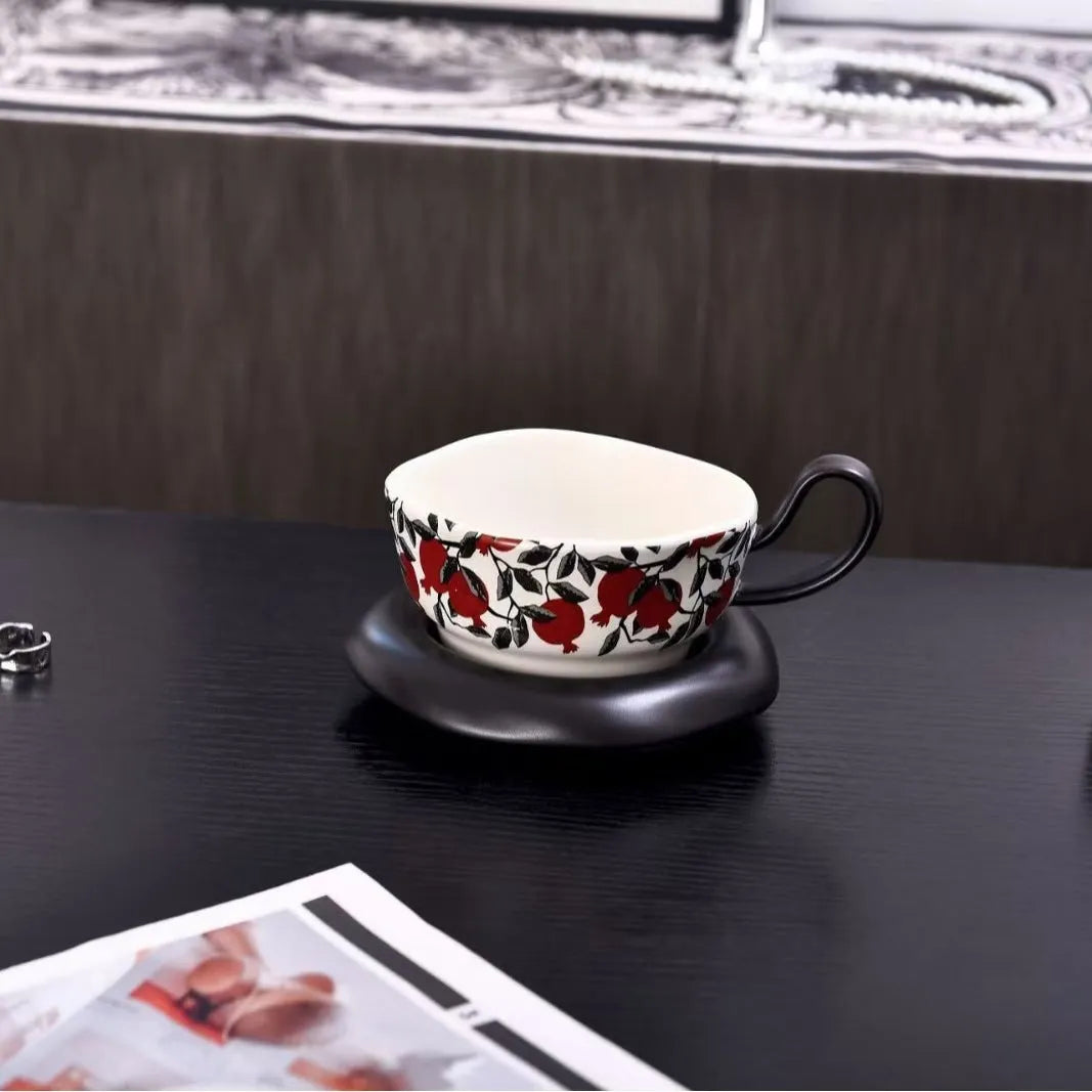 Ceramic coffee cup and saucer set in medieval pomegranate design with 210ml capacity