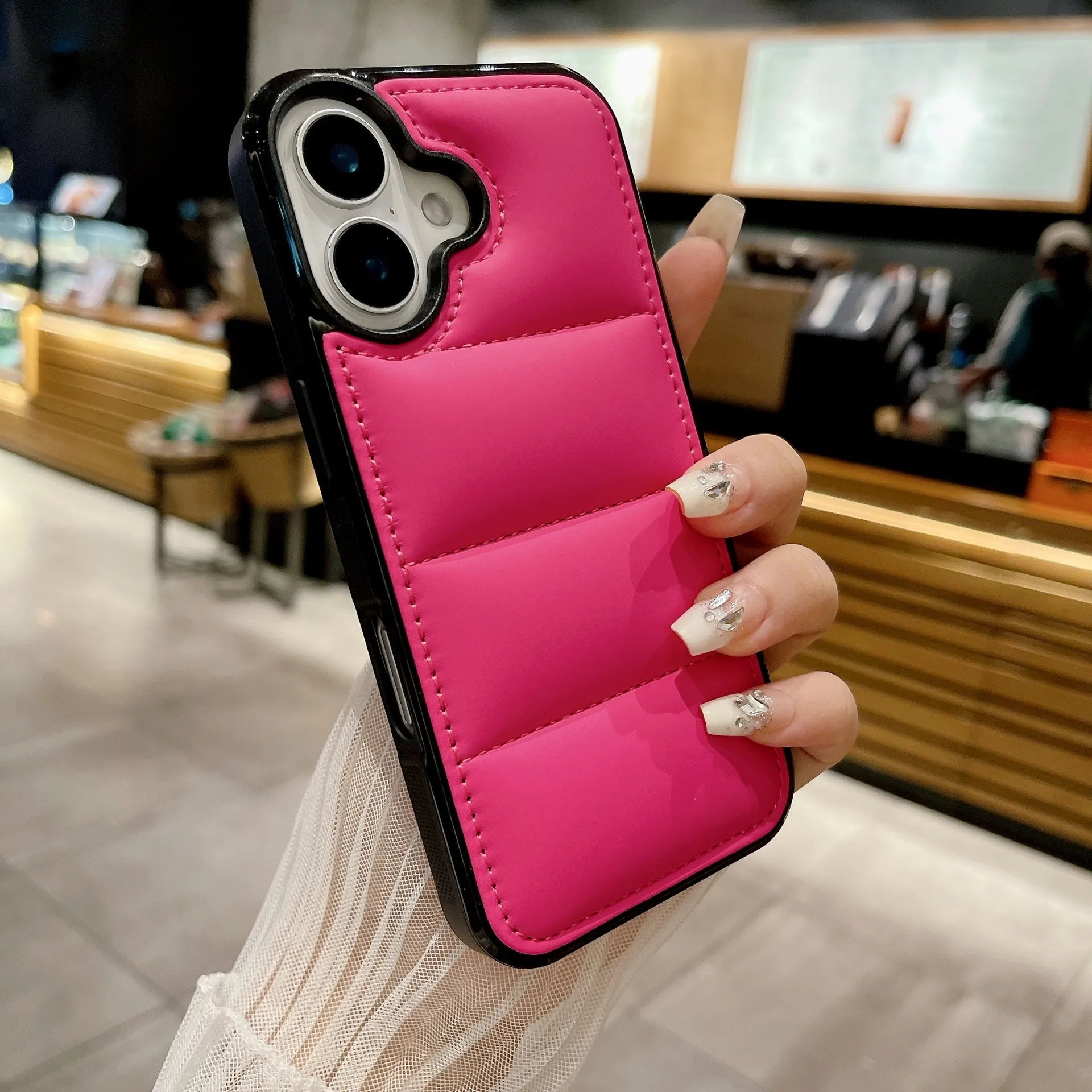 Fashion macaron down jacket shockproof PC phone case with embossed finish for Apple iPhone in multiple colours