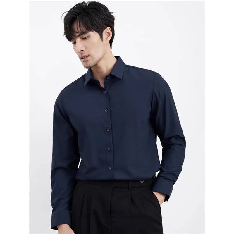 Men's wine red slim fit business shirt with long sleeves and non-ironing polyester blend fabric