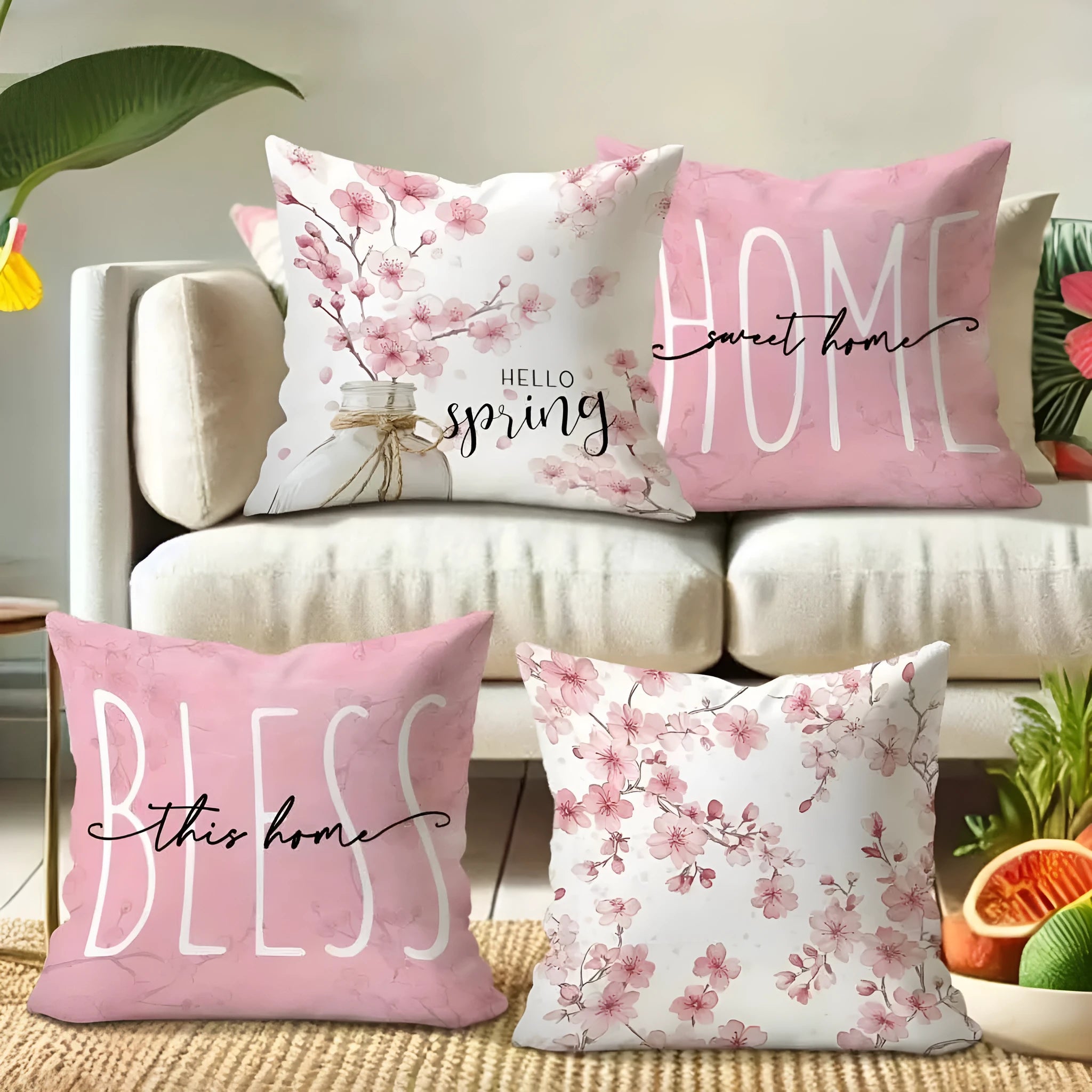 Square short velvet cushion cover with Spring Cherry Blossom Letter floral design, 45cm by 45cm.