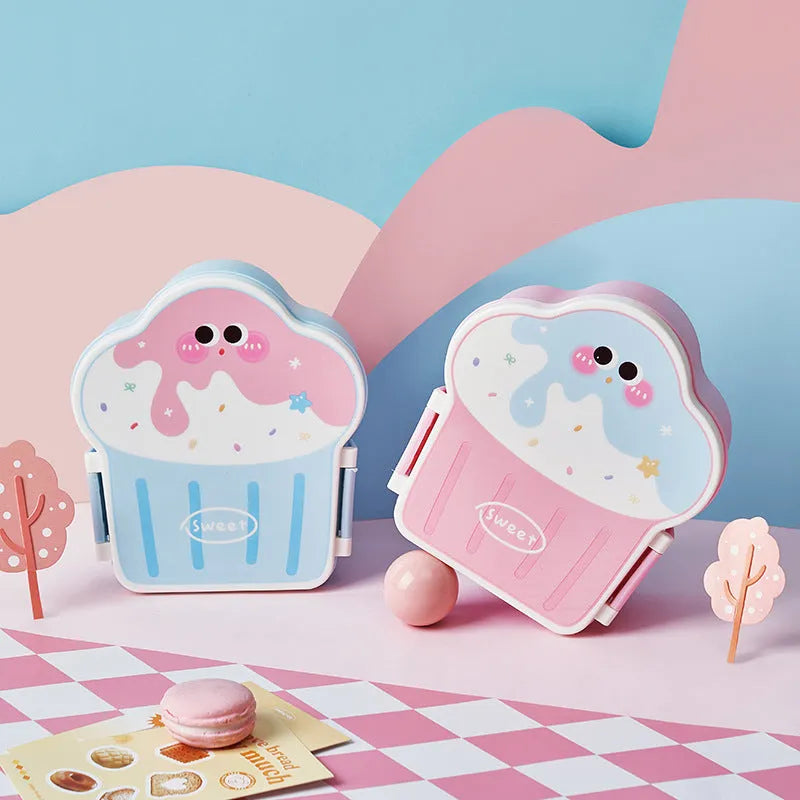 Pink and blue creative ice cream shaped plastic lunch box with bento compartment, spoon, and fork.