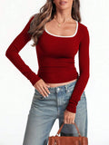 Women's square collar cotton pullover top in slim fit with long sleeves shown in multiple colour options