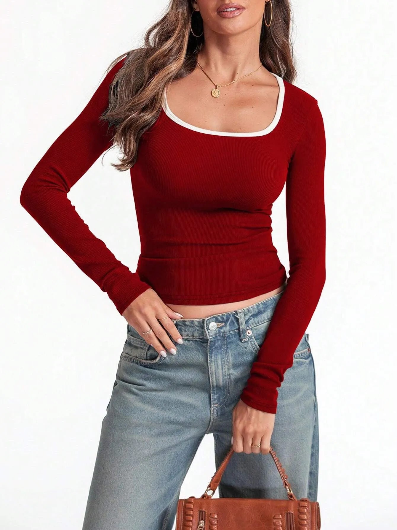 Women's square collar cotton pullover top in slim fit with long sleeves shown in multiple colour options
