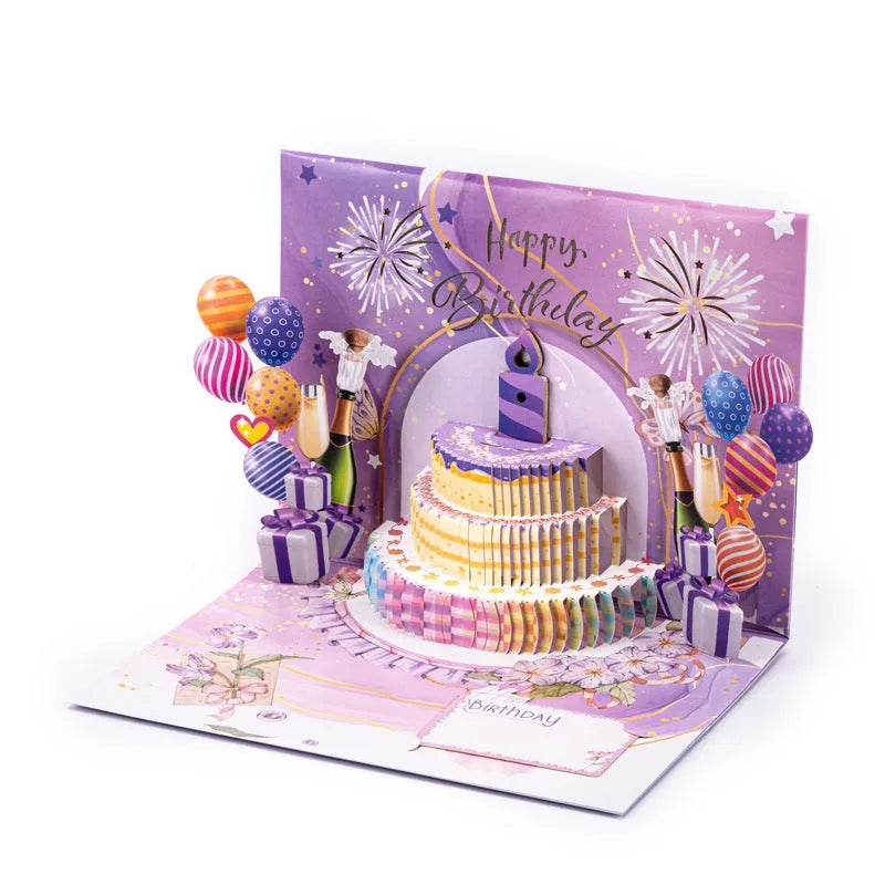 Open 3D pop-up birthday card with cake design, light, and Chinese ink style artwork.