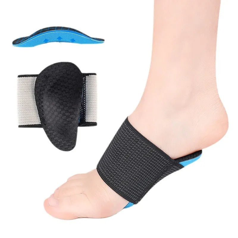 Blue elastic bandage arch support foot pad for flat feet, shown in adult size.
