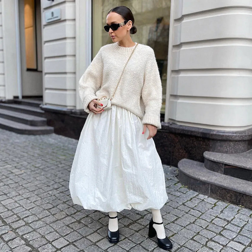 Women's solid colour cotton long skirt in black and white options with Asian sizing