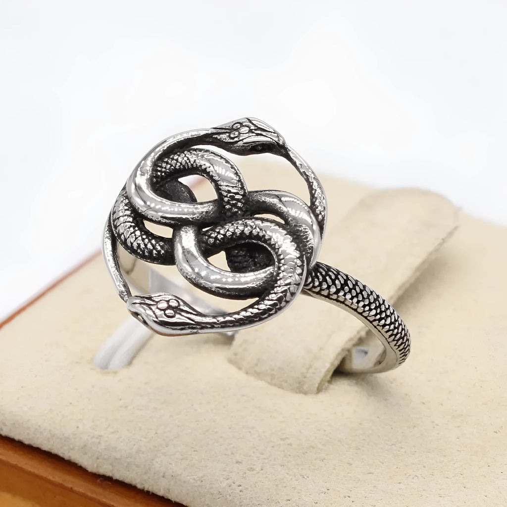 Titanium steel double snake ring with retro styling and steel colour finish