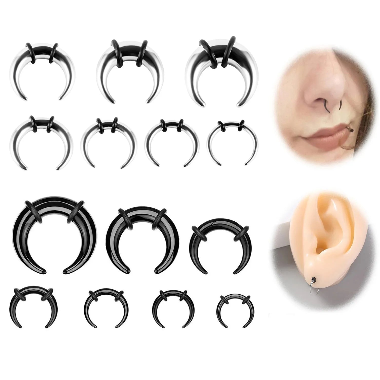 316 stainless steel C-shaped nose ring with buffalo horn style in black and steel colour options.