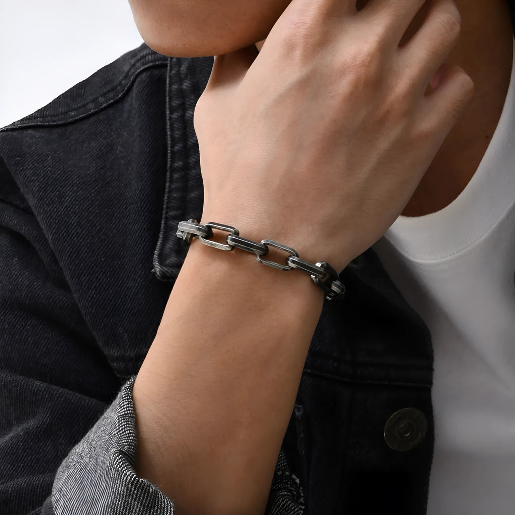 Titanium steel men's bracelet with square chain links in electroplated finish