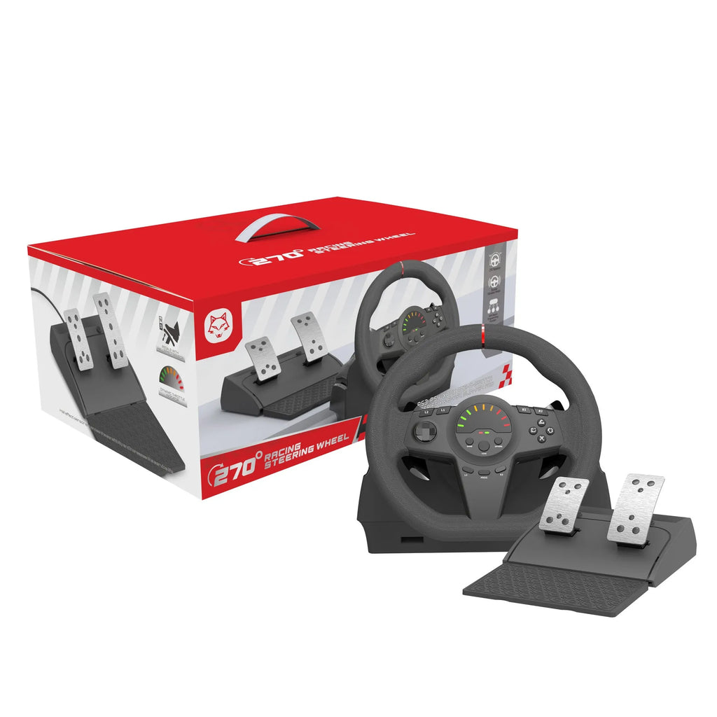 Black USB steering wheel with paddle shifters and LED display, plus two pedals, for multi-platform gaming.
