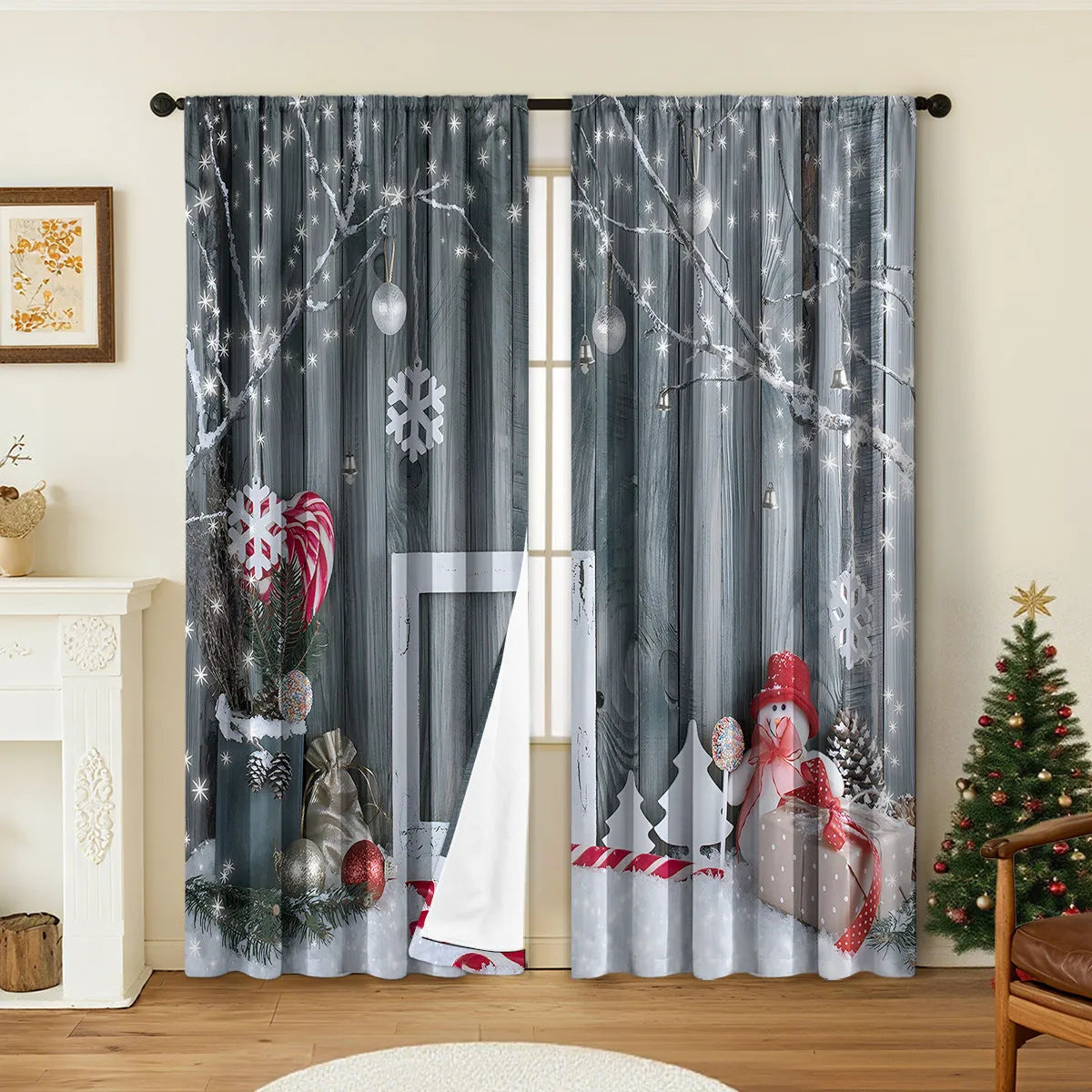3D printed Christmas curtains with festive designs on polyester fabric, showing European-style patterns