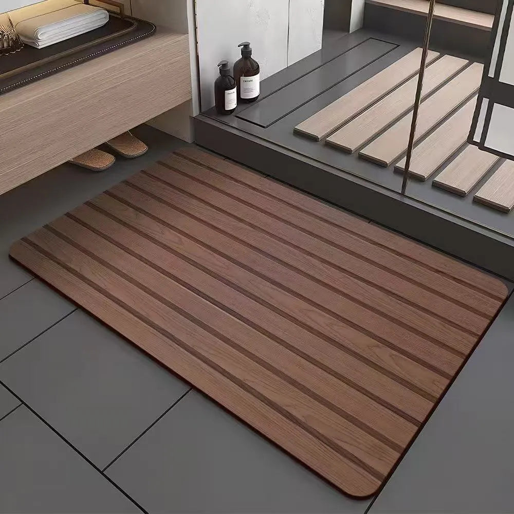 Square diatomite bath mat with a geometric wood grain pattern in a bathroom setting.