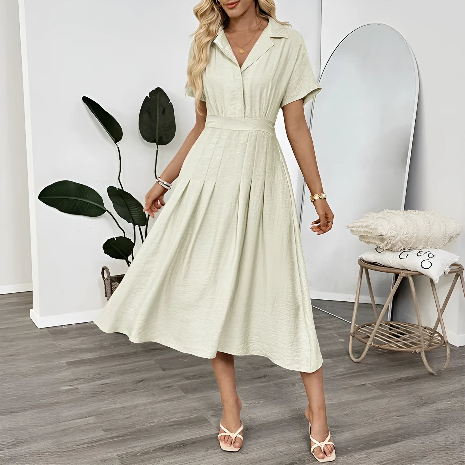 Light green women's shirt dress with lapel collar, waist tie belt, and side seam pockets.