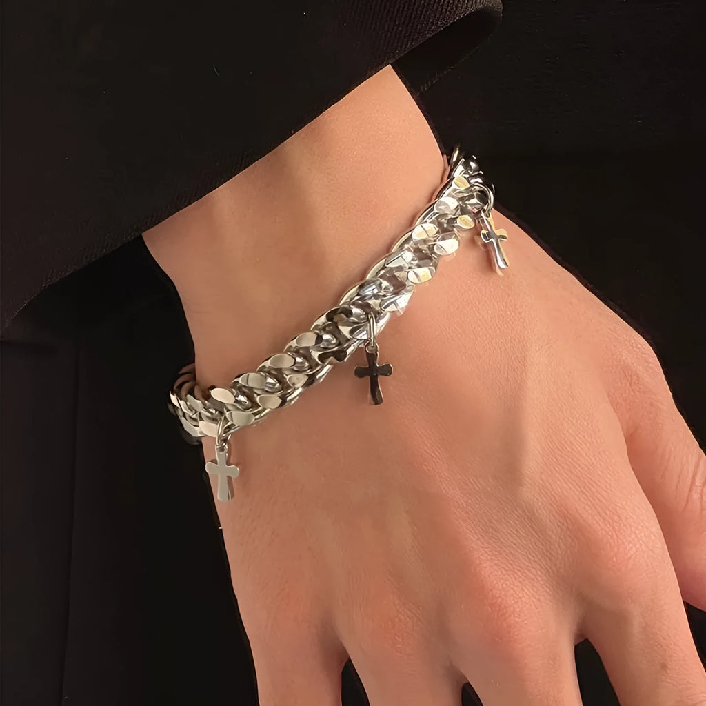 Men's titanium steel cross bracelet with geometric pendant in cold wind style