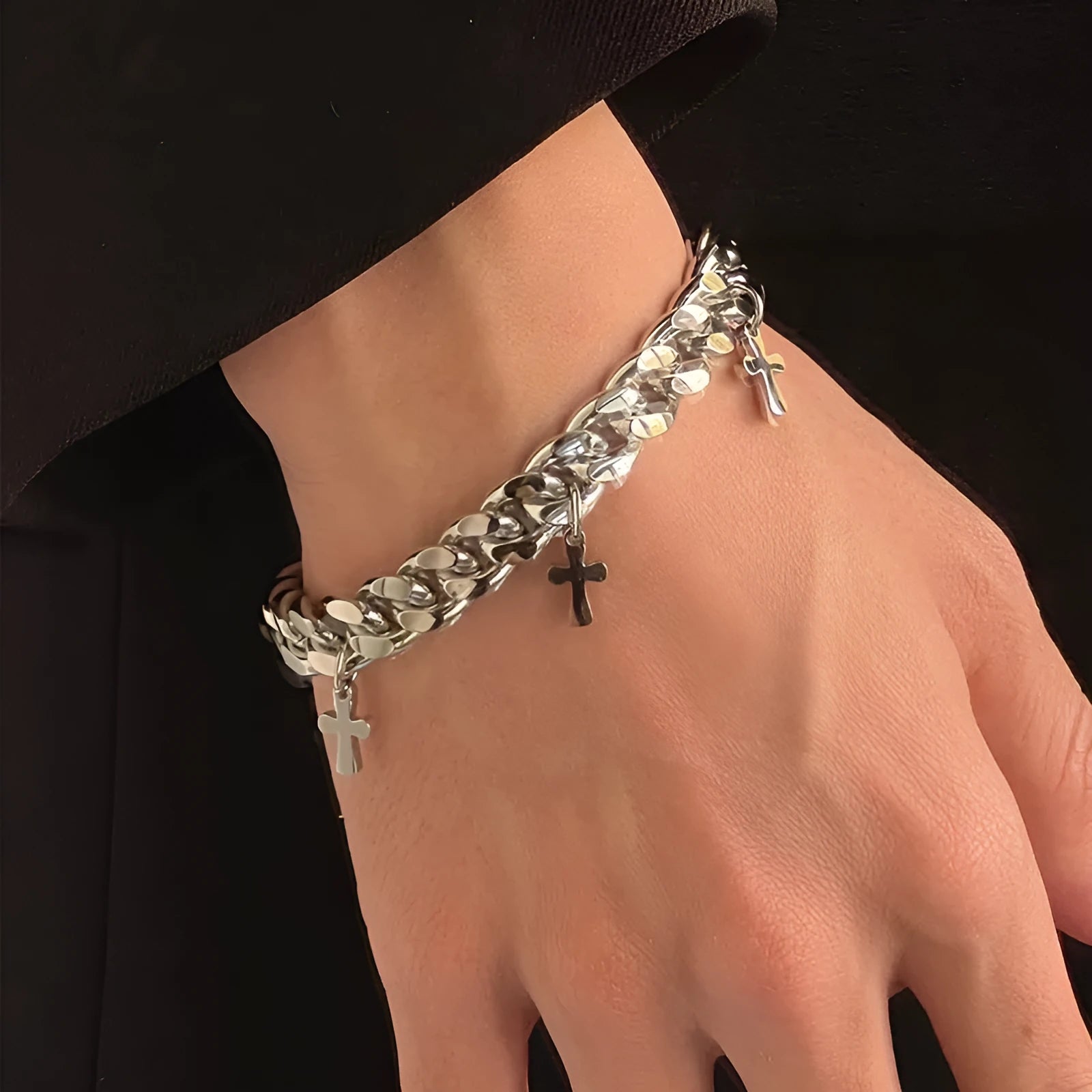 Men's titanium steel cross bracelet with geometric pendant in cold wind style