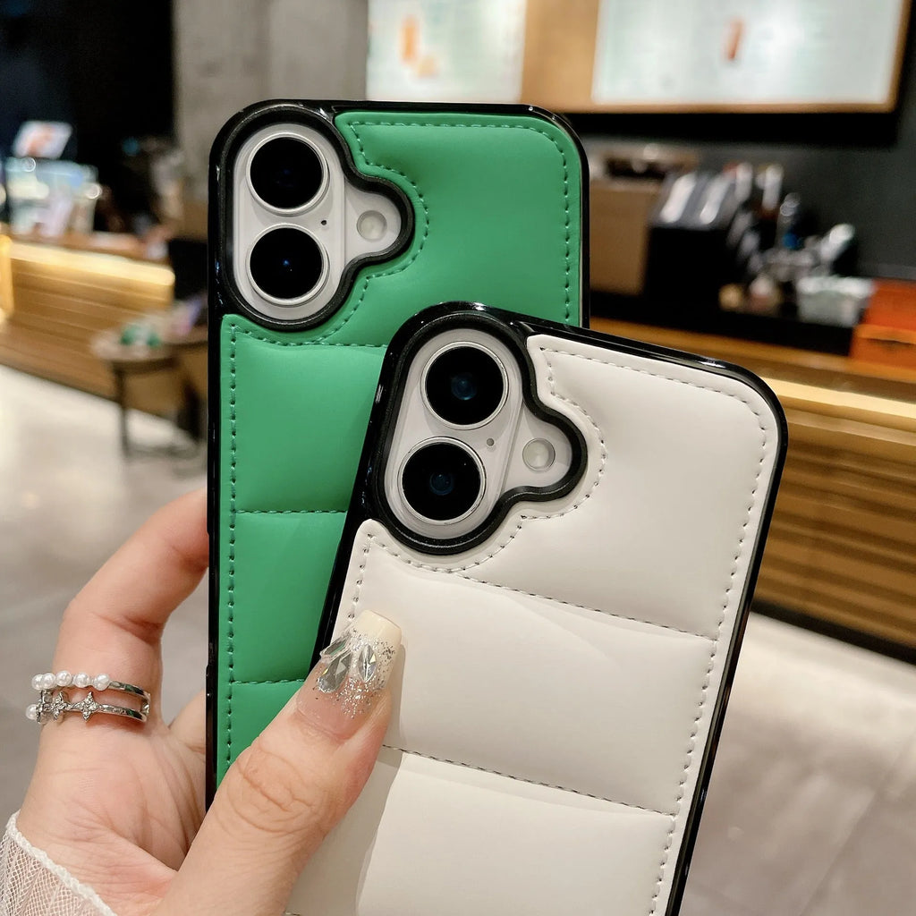 Fashion macaron down jacket shockproof PC phone case with embossed finish for Apple iPhone in multiple colours
