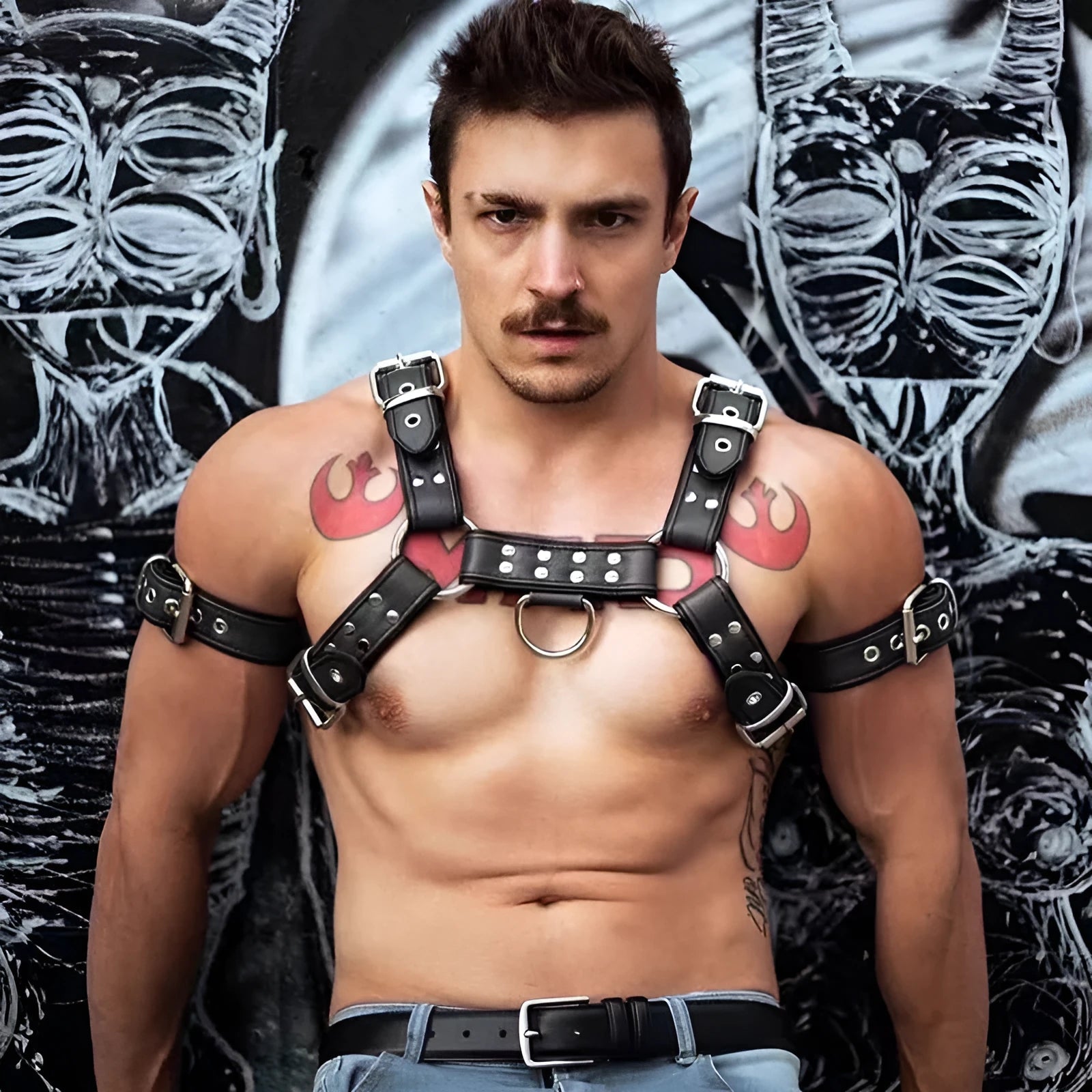 Black leather chest harness strap with metal buckle for men