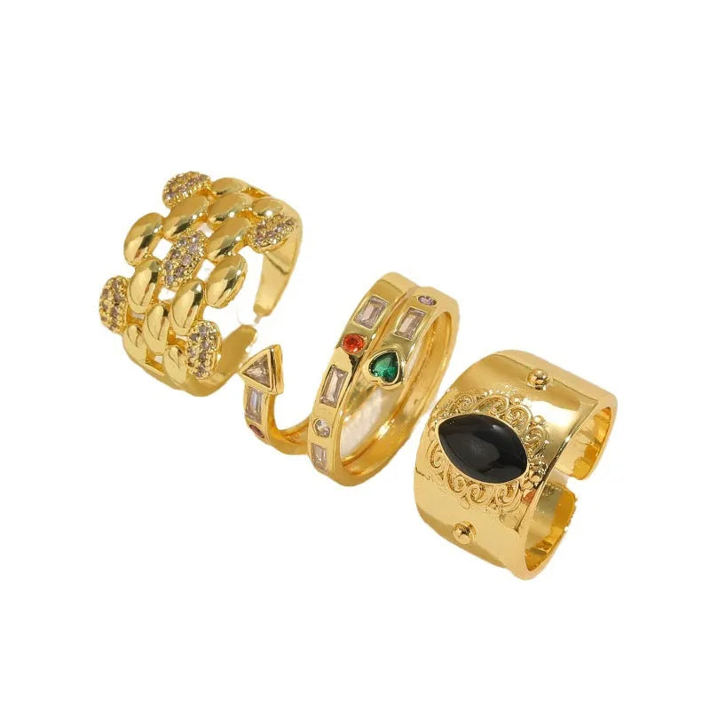 Chinese style geometric zircon ring with electroplated copper construction in antique horse eye black