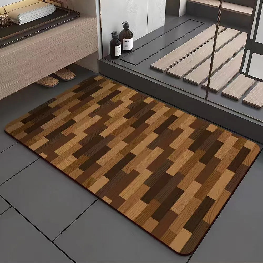 Square diatomite bath mat with a geometric wood grain pattern in a bathroom setting.