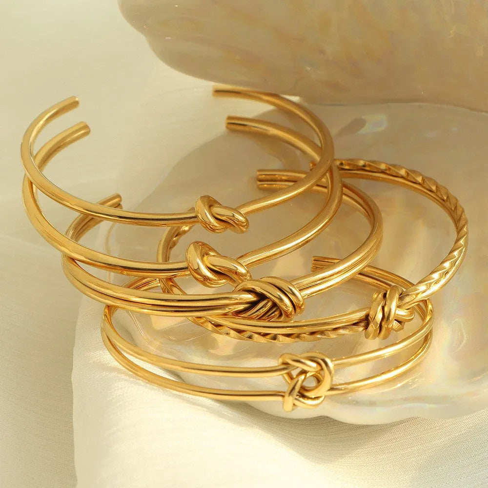 Adjustable stainless steel 18K gold plating knotted C-shaped open double-layer women's bracelet
