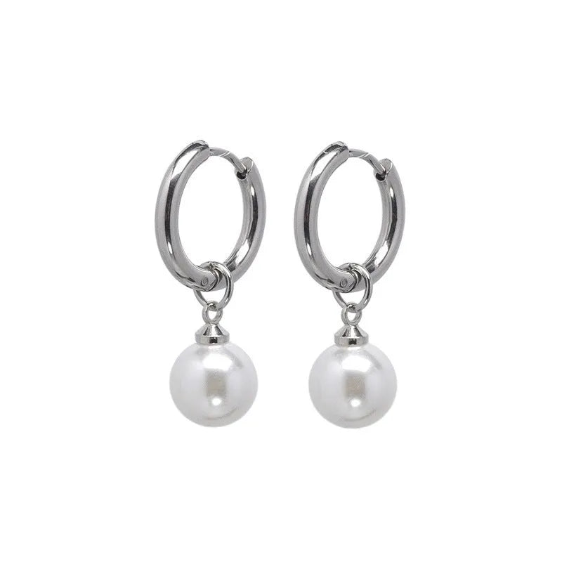 Alloy geometric pearl drop earrings with titanium steel posts, approximately 20-24mm length