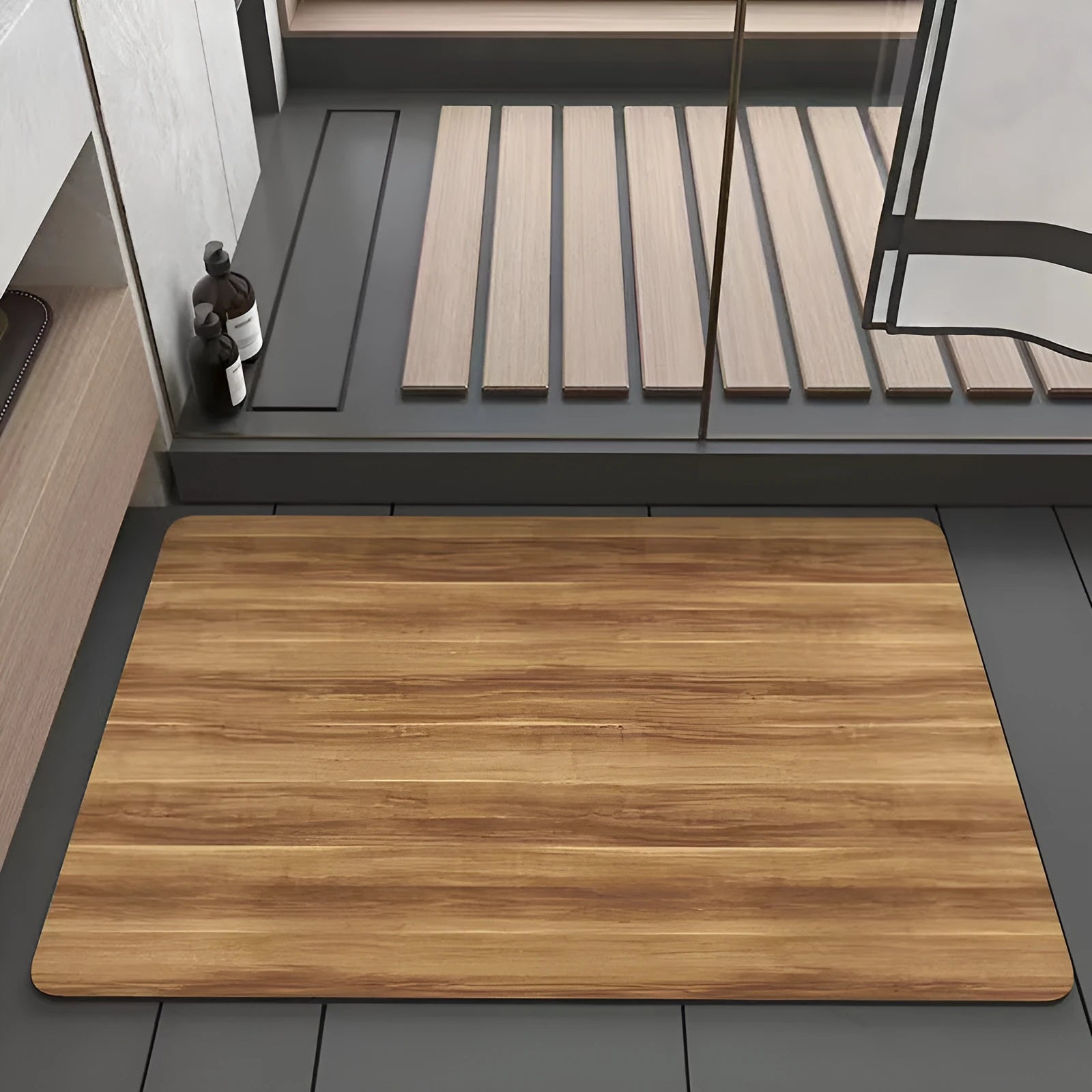 Square diatomite bath mat with a geometric wood grain pattern in a bathroom setting.
