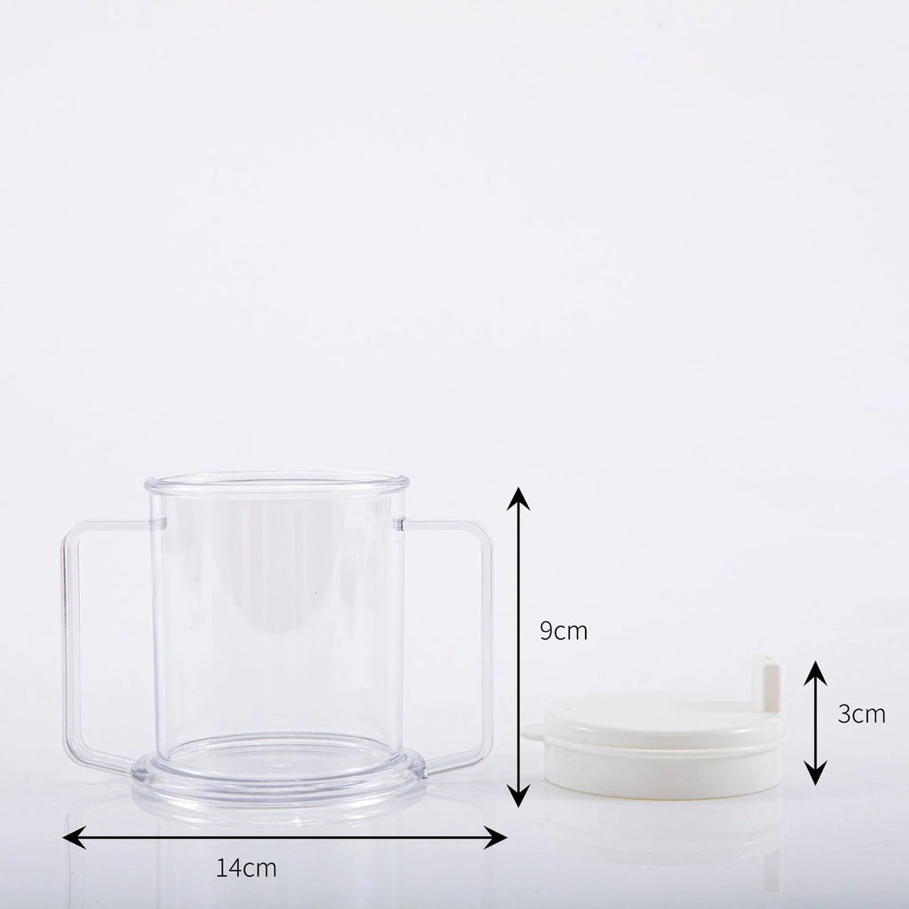 Transparent PP plastic drinking cup with spill-proof lid showing 14cm height