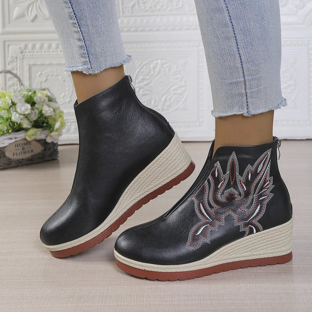 Embroidered thick version retro ankle boots for women in solid colour, artificial PU upper, rubber sole, available in black and brown.