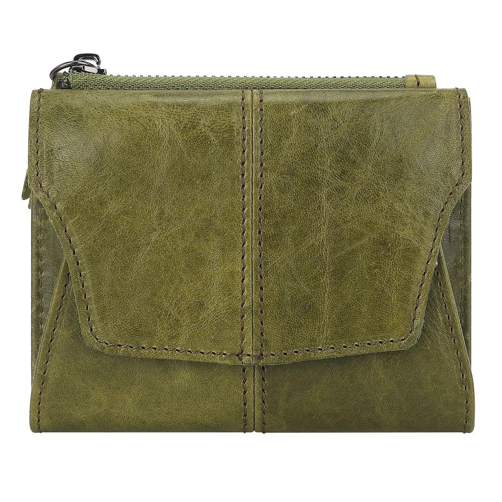 Cowhide genuine leather multifunctional coin purse wallet in retro style with stitching details.
