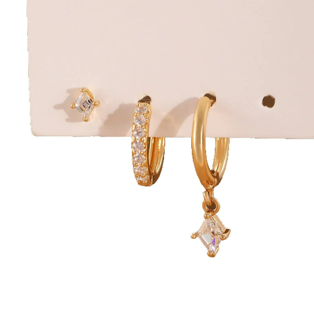 Ladies three-piece ear jewellery set with geometric diamond shapes and inlaid zircon stones in gold and white colours