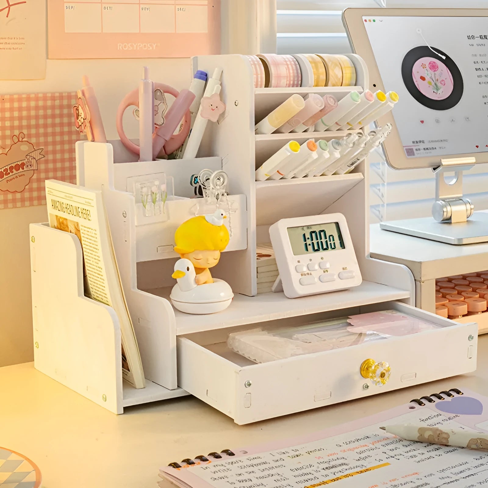 Square plastic pen holder storage box with multiple oblique insertion slots for organisation.