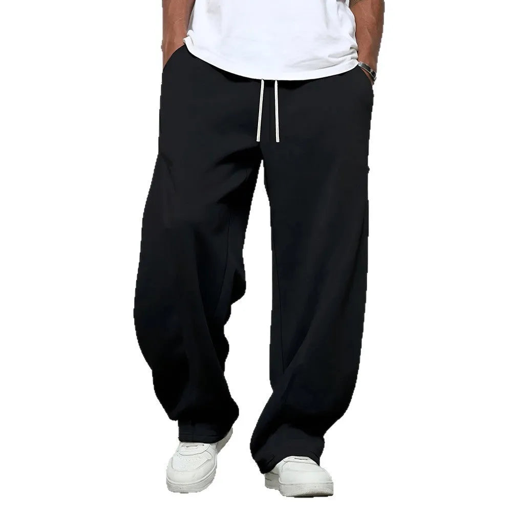 Men's straight-leg casual trousers in polyester with micro-elastic fabric and drawstring waist closure
