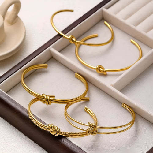 Adjustable stainless steel 18K gold plating knotted C-shaped open double-layer women's bracelet
