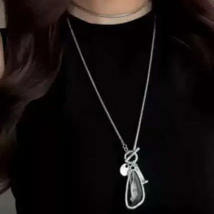 Geometric plaid pendant necklace with snake bones chain in water drop colours