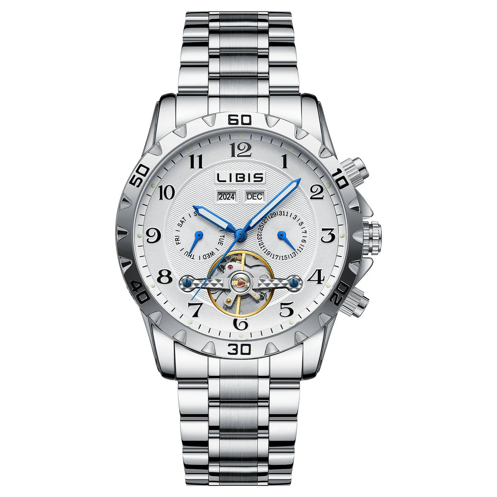 Men's silver steel automatic perpetual calendar mechanical watch with sapphire crystal glass