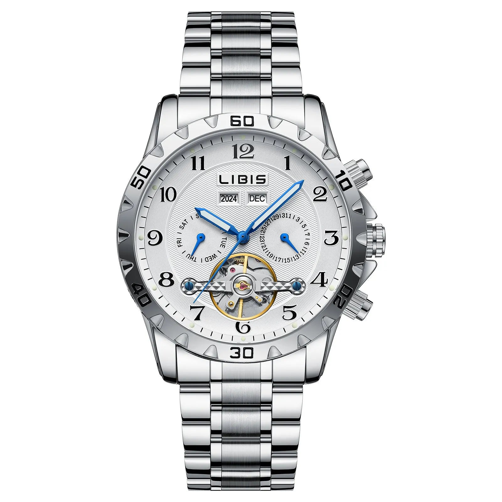 Men's silver steel automatic perpetual calendar mechanical watch with sapphire crystal glass