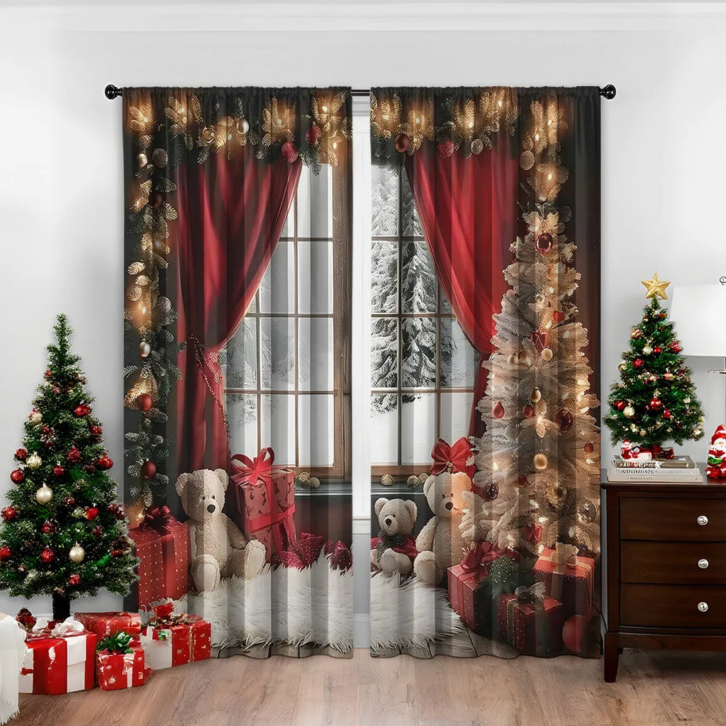 3D printed Christmas curtains with festive designs on polyester fabric, showing European-style patterns