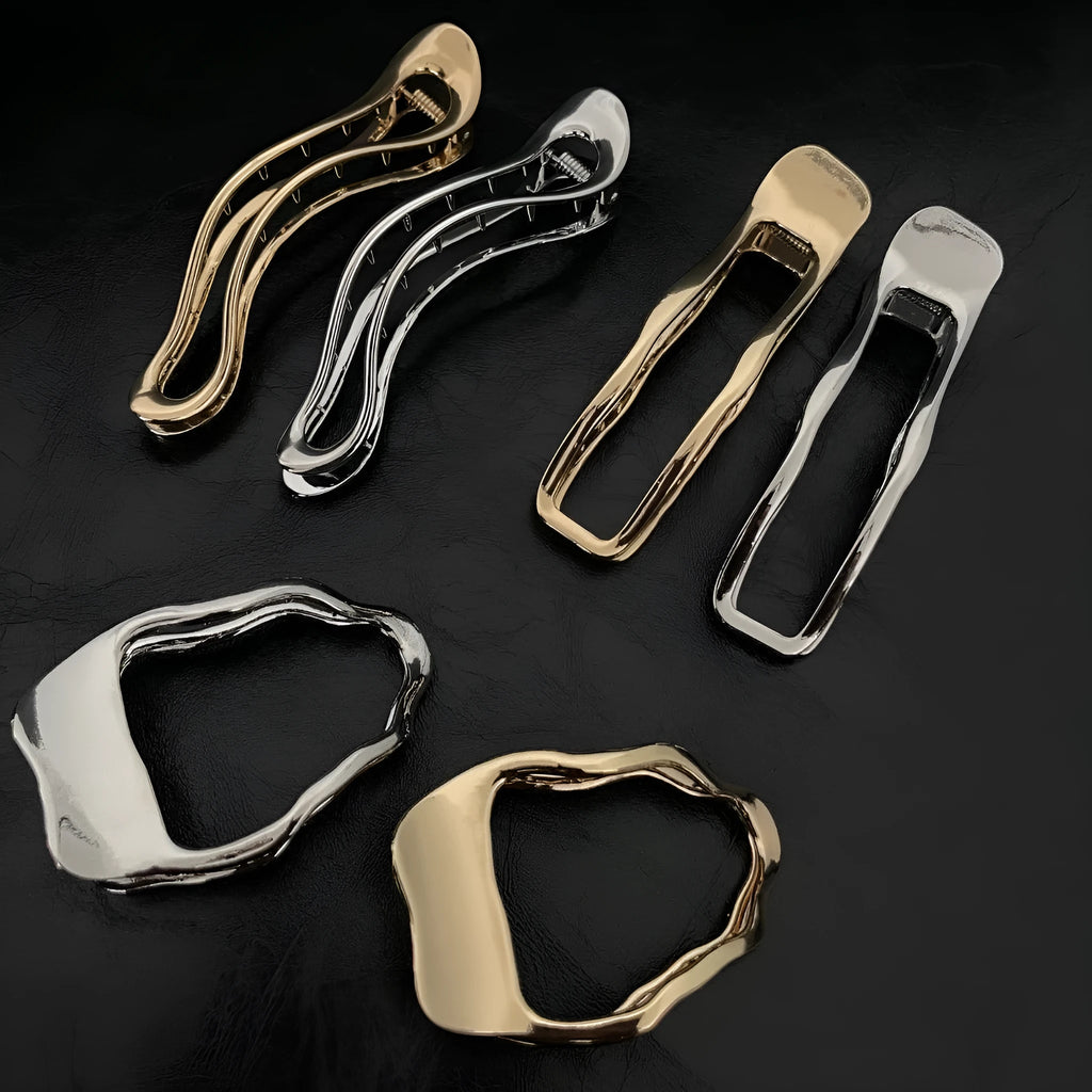 Women's zinc alloy hair barrettes in gold and silver with arc, square and triangle shapes